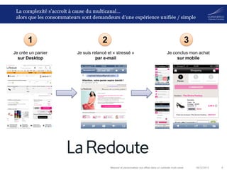La complexité s’accroît à cause du multicanal…
alors que les consommateurs sont demandeurs d’une expérience unifiée / simple

1

2

3

Je crée un panier
sur Desktop

Je suis relancé et « stressé »
par e-mail

Je conclus mon achat
sur mobile

Mesurer et personnaliser vos offres dans un contexte multi-canal

06/12/2013

9

 