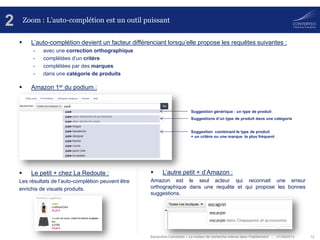 01/08/2013 12Baromètre Converteo – Le moteur de recherche interne dans l’habillement
Zoom : L’auto-complétion est un outil puissant
 L’auto-complétion devient un facteur différenciant lorsqu’elle propose les requêtes suivantes :
- avec une correction orthographique
- complétées d’un critère
- complétées par des marques
- dans une catégorie de produits
 Amazon 1er du podium :
 Le petit + chez La Redoute :
Les résultats de l’auto-complétion peuvent être
enrichis de visuels produits.
2
Suggestion générique : un type de produit
Suggestions d’un type de produit dans une catégorie
Suggestion combinant le type de produit
+ un critère ou une marque le plus fréquent
 L’autre petit + d’Amazon :
Amazon est le seul acteur qui reconnait une erreur
orthographique dans une requête et qui propose les bonnes
suggestions.
 