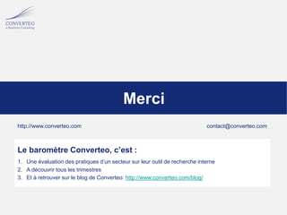 01/08/2013 18Baromètre Converteo – Le moteur de recherche interne dans l’habillement
Merci
http://www.converteo.com contact@converteo.com
Le baromètre Converteo, c’est :
1. Une évaluation des pratiques d’un secteur sur leur outil de recherche interne
2. A découvrir tous les trimestres
3. Et à retrouver sur le blog de Converteo: http://www.converteo.com/blog/
 