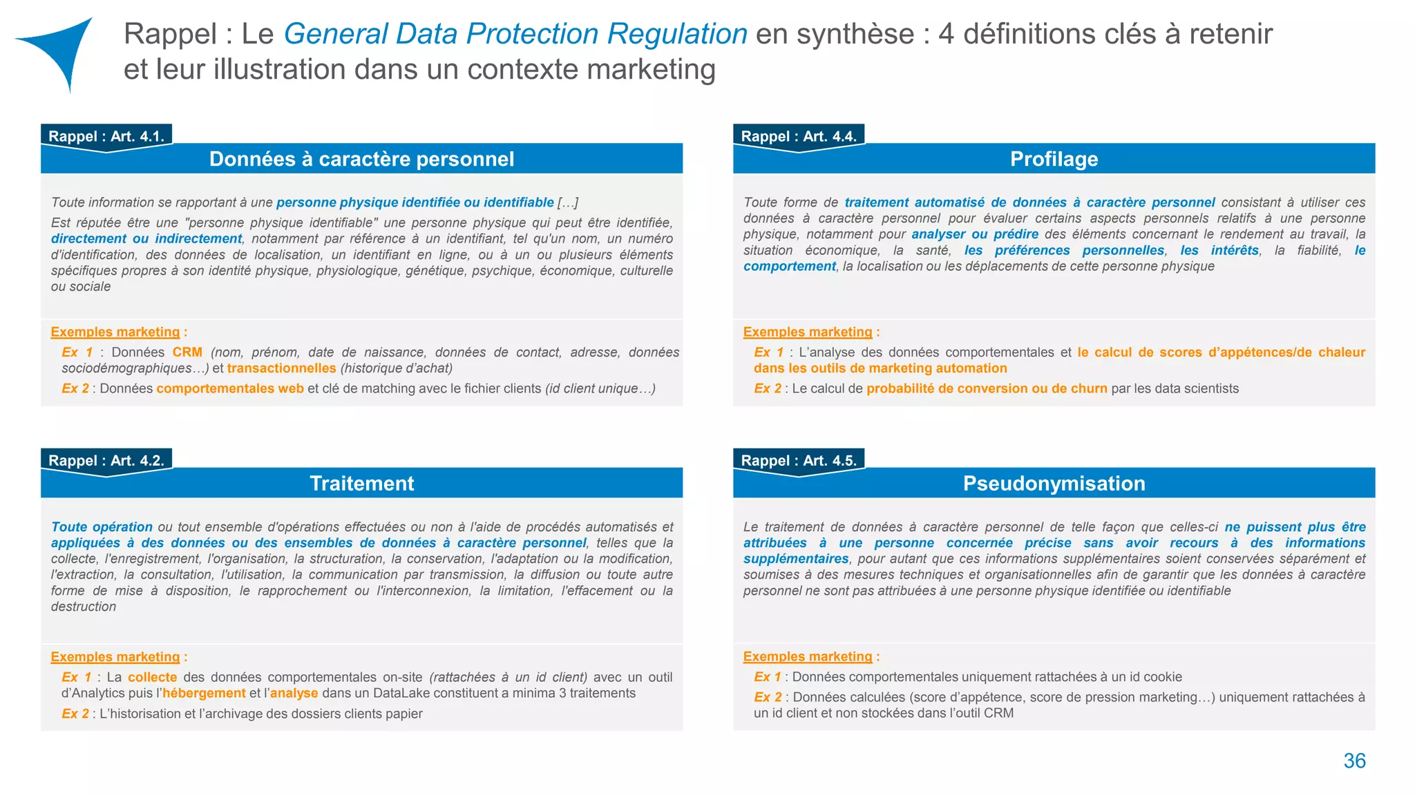 Rappel : Le General Data Protection Regulation en synthèse : 4 définitions clés à retenir
et leur illustration dans un contexte marketing
Toute information se rapportant à une personne physique identifiée ou identifiable […]
Est réputée être une "personne physique identifiable" une personne physique qui peut être identifiée,
directement ou indirectement, notamment par référence à un identifiant, tel qu'un nom, un numéro
d'identification, des données de localisation, un identifiant en ligne, ou à un ou plusieurs éléments
spécifiques propres à son identité physique, physiologique, génétique, psychique, économique, culturelle
ou sociale
Données à caractère personnel
Rappel : Art. 4.1.
Toute opération ou tout ensemble d'opérations effectuées ou non à l'aide de procédés automatisés et
appliquées à des données ou des ensembles de données à caractère personnel, telles que la
collecte, l'enregistrement, l'organisation, la structuration, la conservation, l'adaptation ou la modification,
l'extraction, la consultation, l'utilisation, la communication par transmission, la diffusion ou toute autre
forme de mise à disposition, le rapprochement ou l'interconnexion, la limitation, l'effacement ou la
destruction
Traitement
Rappel : Art. 4.2.
Toute forme de traitement automatisé de données à caractère personnel consistant à utiliser ces
données à caractère personnel pour évaluer certains aspects personnels relatifs à une personne
physique, notamment pour analyser ou prédire des éléments concernant le rendement au travail, la
situation économique, la santé, les préférences personnelles, les intérêts, la fiabilité, le
comportement, la localisation ou les déplacements de cette personne physique
Profilage
Rappel : Art. 4.4.
Le traitement de données à caractère personnel de telle façon que celles-ci ne puissent plus être
attribuées à une personne concernée précise sans avoir recours à des informations
supplémentaires, pour autant que ces informations supplémentaires soient conservées séparément et
soumises à des mesures techniques et organisationnelles afin de garantir que les données à caractère
personnel ne sont pas attribuées à une personne physique identifiée ou identifiable
Pseudonymisation
Rappel : Art. 4.5.
Exemples marketing :
Ex 1 : L’analyse des données comportementales et le calcul de scores d’appétences/de chaleur
dans les outils de marketing automation
Ex 2 : Le calcul de probabilité de conversion ou de churn par les data scientists
Exemples marketing :
Ex 1 : La collecte des données comportementales on-site (rattachées à un id client) avec un outil
d’Analytics puis l’hébergement et l’analyse dans un DataLake constituent a minima 3 traitements
Ex 2 : L’historisation et l’archivage des dossiers clients papier
Exemples marketing :
Ex 1 : Données CRM (nom, prénom, date de naissance, données de contact, adresse, données
sociodémographiques…) et transactionnelles (historique d’achat)
Ex 2 : Données comportementales web et clé de matching avec le fichier clients (id client unique…)
Exemples marketing :
Ex 1 : Données comportementales uniquement rattachées à un id cookie
Ex 2 : Données calculées (score d’appétence, score de pression marketing…) uniquement rattachées à
un id client et non stockées dans l’outil CRM
36
 