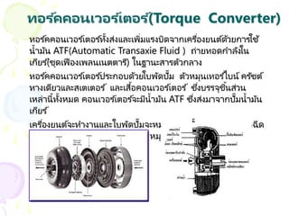 ทอร ์คคอนเวอร ์เตอร ์(Torque Converter)
ทอร ์คคอนเวอร ์เตอร ์ทั้งส่งและเพิ่มแรงบิดจากเครื่องยนต์ด้วยการใช้
น้ามัน ATF(Automatic Transaxie Fluid ) ถ่ายทอดกาลังใน
เกียร ์(ชุดเฟืองเพลนเนตตารี) ในฐานะสารตัวกลาง
ทอร ์คคอนเวอร ์เตอร ์ประกอบด้วยใบพัดปั๊ม ตัวหมุนเทอร ์ไบน์ ครัซต์
ทางเดียวและสเตเตอร ์ และเสื้อคอนเวอร ์เตอร ์ ซึ่งบรรจุชิ้นส่วน
เหล่านี้ทั้งหมด คอนเวอร ์เตอร ์จะมีน้ามัน ATF ซึ่งส่งมาจากปั๊มน้ามัน
เกียร ์
เครื่องยนต์จะทางานและใบพัดปั๊มจะหมุน จากนั้นของเหลวจะถูกฉีด
จากใบพัดปั๊มป็ นสายกาลังแรงซึ่งไปหมุนตัวเทอร ์ไบน์
 