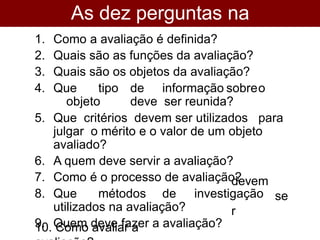As dez perguntas na
literatura
devem
se
r
1. Como a avaliação é definida?
2. Quais são as funções da avaliação?
3. Quais são os objetos da avaliação?
4. Que tipo de informação sobreo
objeto deve ser reunida?
5. Que critérios devem ser utilizados para
julgar o mérito e o valor de um objeto
avaliado?
6. A quem deve servir a avaliação?
7. Como é o processo de avaliação?
8. Que métodos de investigação
utilizados na avaliação?
9. Quem deve fazer a avaliação?
10. Como avaliar a
 