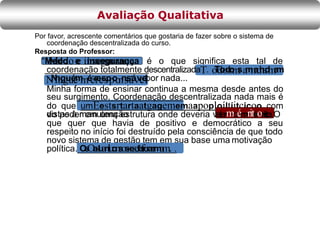 Por favor, acrescente comentários que gostaria de fazer sobre o sistema de
coordenação descentralizada do curso.
Resposta do Professor:
que quer que havia de positivo e democrático a seu
respeito no início foi destruído pela consciência de que todo
novo sistema de gestão tem em sua base uma motivação
“M
M
ed
eo
doe
e in
in
ss
ee
gg
uu
ra
ra
nn
çç
aa é o que significa esta tal de
coordenação totalmente descentralizadaT. o
T
d
o
o
d
s
o
m
sa
m
n
a
d
n
a
d
m
a
m
.
N
N
i
í
n
n
g
g
u
u
é
é
m
mé
ér
r
e
e
s
s
p
p
o
o
n
n
s
s
á
á
v
v
e
e
l
l
por nada...
Minha forma de ensinar continua a mesma desde antes do
seu surgimento. Coordenação descentralizada nada mais é
do que umEestsrtartaatgagememaapoploíltíitcicoo com
vistas à manutenção
do poder em uma estrutura onde deveria valermoémritéorito.O
política. O
s
Oa
sl
u
an
luo
ns
os
se
sef
e
fr
er
a
rrm
am
.. .
Avaliação Qualitativa
 