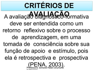 CRITÉRIOS DE
AVALIAÇÃO
Professora: Simone Helen Drumond
A avaliação diagnóstico-formativa
deve ser entendida como um
retorno reflexivo sobre o processo
de aprendizagem, em uma
tomada de consciência sobre sua
função de apoio e estímulo, pois
ela é retrospectiva e prospectiva
(PENA, 2003).
 