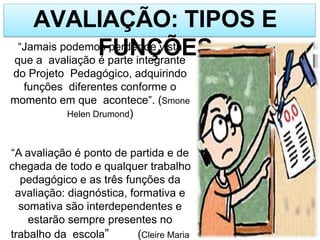 AVALIAÇÃO: TIPOS E
FUNÇÕES
“Jamais podemos perder de vista
que a avaliação é parte integrante
do Projeto Pedagógico, adquirindo
funções diferentes conforme o
momento em que acontece”. (Smone
Helen Drumond)
“A avaliação é ponto de partida e de
chegada de todo e qualquer trabalho
pedagógico e as três funções da
avaliação: diagnóstica, formativa e
somativa são interdependentes e
estarão sempre presentes no
trabalho da escola” (Cleire Maria
 