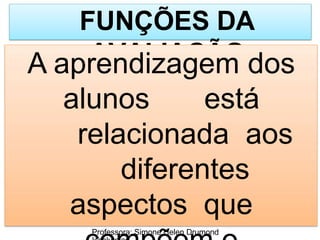 FUNÇÕES DA
AVALIAÇÃO
A aprendizagem dos
alunos está
relacionada aos
diferentes
aspectos que
Professora: Simone Helen Drumond
 