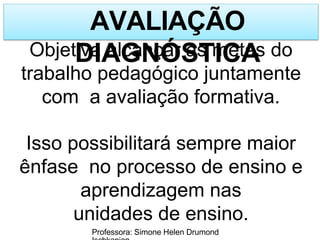 AVALIAÇÃO
DIAGNÓSTICA
Professora: Simone Helen Drumond
Objetiva alcançar as metas do
trabalho pedagógico juntamente
com a avaliação formativa.
Isso possibilitará sempre maior
ênfase no processo de ensino e
aprendizagem nas
unidades de ensino.
 