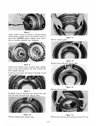 Figure 7
Using a puller as shown in Figure 7, remove bearing
retainer plate, impe lle r cover, and turbine from tur~
bine shaft. CAUTION: Secure impeller cover with a
chain to prevent assembly from dropping.
Figure 8
Turbine and 'impelle r cover removed. Block impeller
cover on the outer diameter and drive turbine hub
from impel ler bearing.
If lock-up is not used, omit Figure 9 through 15 and
Straighten
lock and
Figure 9
bolt lock remove bolt, bolt
cover.
Figure 10
Remove backing plate retainer ring.
-9-
Figure 11
Remove backtng plate.
Figure 12
Remove inner and outer lock-up discs
Figure 13
Figure 14
Remove lock-up piston outer sealing ring and "0 " ring.
 