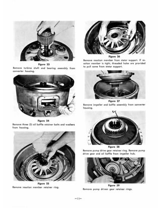 /
Figure 23
Remove turbine shaft and bearing assembly from
converter housing.
Figure 24
Remove three (3) oil baffle retainer bolts and washers
from housing.
Figure 25
Remove reaction member retainer ring.
-11-
Figure 26
Remove reaction member from stator support. If re-
action member is tight, threaded holes are provided
to pull same from stator support.
Figure 27
Remove impeller and baffle assembly from converter
h'ousing.
Figure 28
Remove pump drive gear retainer ring. Remove pump
drive gear and oil baffle from impeller hub.
Figure 29
Remove pump driven gear retainer rings.
 