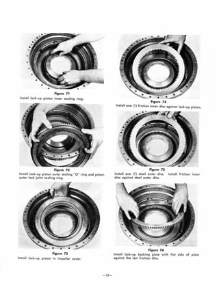 Figure 71
Install lock·up piston inner sealing ring.
Figure 72
Install lock-up piston outer sealing "0 " ring and piston
outer lock joint sealing ring.
Figure 73
Install lock-up piston in impeller cover.
-19-
Figure 74
Install one (1) friction inner disc against lock-up piston.
Figure 75
Install one (1) steel outer d isc. Install friction inner
disc against steel outer disc.
Figure 76
Install lock-up backing plate w ith flat side of plate
against the last friction disc.
 
