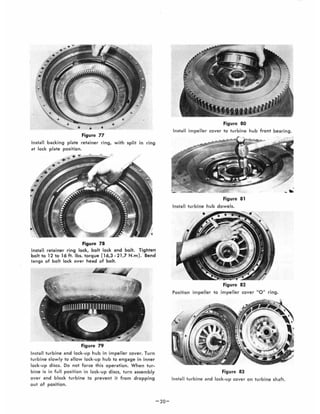 Figure 77
Install backing plate retainer ring, with split in ring
at lock plate position.
Figure 78
Install retainer ring lock, bolt lock and bolt. Tighten
bolt to 12 to 16 ft. lb•. torque [16,3 - 21,7 N.m]. Bend
tangs of bolt lock over head of bolt.
Figure 79
Install turbine and lock-up hub in impeller cover. Turn
turbine slowly to allow lock-up hub to engage in inner
lock-up discs. Do not force this operation. When tur-
bine is in full position in lock-up discs, turn assembly
over and block turbine to prevent it from dropping
out of position.
-20-
Figure 80
Install impeller cover to turbine hub front bearing.
Figure 81
Install turbine hub dowels.
Figure 82
Position impeller to impeller cover "0 " ring.
Figure 83
Install turbine and lock-up cover on turbine shaft.
 