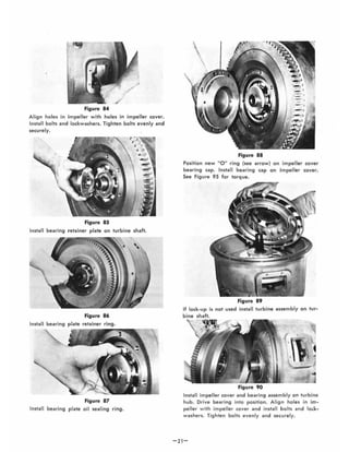 Figure 84
Align holes in impeller with holes in impeller cover.
Install bolts and lockwashers. Tighten bolts evenly and
secure ly.
Figure 85
Install bearing retainer plate on turbine shaft.
Figure 86
Install bearing plate retainer ring.
----
Figure 87
Install bearing plate oil sealing ring.
Figure 88
Position new 0 " ring (see arrow) on impeller cover
bearing cap. Install bearing cap on impeller cover.
See Figure 95 for torque.
Figure 89
If lock ~u p is not used install turbine assembly on tur-
bine shaft.
Figure 90
Install impeller cover and bearing assembly on turbine
hub. Drive bearing into position. Align holes in im-
peller w ith impeller cover and insta ll bolts and lo~k­
washers. Tighten bolts evenl y and securely.
-21-
 