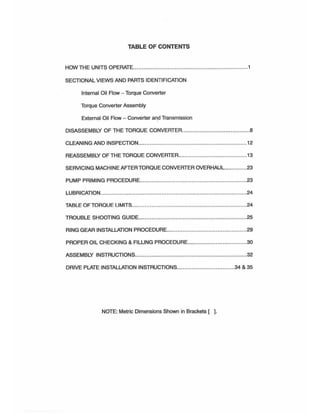 TABLE OF CONTENTS
HOW THE UNITS OPERATE.. ................ ........ ..... .... ..,.. ,..,.. ,.. ,.... .... ........1
SECTIONAL VIEWS AND PARTS IDENTIFICATION
Internal Oil Flow - Torque Converter
Torque Converter Assembly
External Oil Flow - Converter and Transmission
DISASSEMBLY OF THE TORQUE CONVERTER.... ... ...... .................. ..... .. .8
CLEANING AND INSPECTION................ .... ........ ... .. ......... ........ ,..... ,......12
REASSEMBLY OF THE TORQUE CONVERTER.................... ..... ..... .... .... ..13
SERVICING MACHINE AFTER TORQUE CONVERTER OVERHAUL.... ........23
PUMP PRIMING PROCEDURE............. .................,.... .,........ ... ... ...........23
LUBRiCATION ........ ... ... ........... ,... .. ,...,., .........,..,..... ,..... ,.. .. ........... ......24
TABLE OF TORQUE LIMITS............ ....... ,..... ............... .,.. ,.. ............. .... ...24
TROUBLE SHOOTING GUiDE................. ... .. .. .......... ,........ ,.. .................25
RING GEAR INSTALLATION PROCEDURE........... .. .. ... .... .... .. .... ...... ... ... ...29
PROPER OIL CHECKING & FILLING PROCEDURE...... .... .... .......... ...........30
ASSEMBLY INSTRUCTIONS.... ................................ ,..... ,......................32
DRIVE PLATE INSTALLATION INSTRUCTIONS...... .. ................... .......34 & 35
NOTE: Metric Dimensions Shown in Brackets [ ].
 