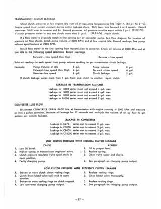 TRANSMISSION CLUTCH lEAKAGE
Check clutch pressures at low engine idle w ith oil at operating temperatures 180 - 200" F. [82, 2 - 93, 3" C].
Engine speed must remain constant during entire leakage check. Shift lever into forward 4 or 8 speeds. Record
pressures. Shift lever in reverse and 1st. Record pressure. All pressure must be equal within 5 p.s.i. [34.5 kPa].
If clutch pressure varies in anyone clutch more than 5 p.s.i. [34.5 kPaJ , repair clutch.
If a flow meter is available install in line coming out of converter pump. See flow diagram for location of
pressure on flow checks. Check pump volume at 2000 RPM and at low engine idle. Record readings. See pump
volume specifications at 2000 RPM.
Install flow meter in the line coming from transmission to converter. Check oil volume at 2000 RPM and at
(ow idle in the following speed selections. Record readings.
Forward - low speed thru High Reverse - Low speed
Subtract readings in each speed from pump volume reading to get transmission clutch leakage.
EXample, Pump Volume at idle 8 gal. Pump volume
Forward-low speed thru High 6 gal. Forward - Low speed
Reverse-Low speed 6 gal. Clutch leakage
If clutch leakage varies more than 1 gal. from one clutch to another, repair clutch.
CONVERTER LUBE FLOW
LEAKAGE IN TRANSMISSION CLUTCHES
Leakage in 3000 series must not exceed .4 gal. max.
Leakage in 5000 series must not exceed .4 gal. max.
Leakage in 8000 series must not exceed 6 gal. max.
Leakage in 16000 series must not exceed 7 gal. max.
8
6
2
gal.
gal.
gal.
Disconnect CONVERTER DRAIN BACK line at transmission with engine running at 2000 RPM and meaSure
oil into a gallon container. Measure oil leakage for 15 seconds and multiply the volume of oil by four to get
gallons per minute leakage.
LEAKAGE IN CONVERTER
leakage in C270 series not to exceed 2 gal. max.
Leakage in C5000 series not to exceed 3 gal. max.
leakage in C8000 series not to exceed 5 gal. max.
leakage in C16000 series not to exceed 5 gal. max.
LOW CLUTCH PRESSURE WITH NORMAL CLUTCH LEAKAGE
CAUSE
1. low Oi I level.
2. Broken spring in transmission regulator valve.
3. Clutch pressure regulator valve spool stuck in
open position.
4. Faulty charging pump.
REMEDY
1. Fill to proper level.
2. Replace spring.
3. Clean valve spool and sleeve.
4. See paragraph on charging pump output.
LOW CLUTCH PRESSURE WITH EXCESSIVE CLUTCH LEAKAGE
1. Broken or worn clutch piston sealing rtngs.
2. Clutch drum bleed valve ball stuck in open
position.
3. Broken or worn sealing rings on clutch support.
4. low converter charging pump output.
-27-
1. Replace sealing rings.
2. Clean bleed valve thoroughly.
3. Replace sealing rings.
4. See paragraph on charging pump output.
 