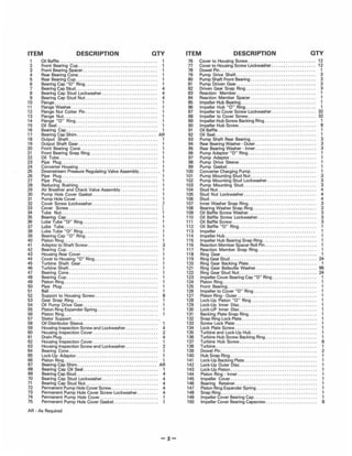 ITEM DESCRIPTION QTY
1
2
3
4
5
6
7
8
9
10
11
12
13
14
15
16
17
18
19
20
21
22
23
24
25
26
27
28
29
30
31
32
33
34
35
36
37
38
39
40
41
42
43
44
45
46
47
48
49
50
51
52
53
54
55
56
57
58
59
60
61
62
63
64
65
66
67
68
69
70
71
72
73
74
75
Oil Baffle . . . . . . . . . . . . . . . . . . . . . . . . . . . . . . . • . . . 1
Front Bearing Cup . . . . . . . . . . . . . . . . . . . . . . . • . . . 1
Front Bearing Spacer . . . . . . • • • • • . • • . • • . • • • • • . • • • • • • .• 1
Rear Bearing Cone . . . . . . . . . . . • . . . . . • . . . . . • . . . . . . . . . . 1
Rear.Bearing ,~u,~ . : . . . . . . . . . . . . . . • . • • . • • • • • . • • • • . . . . 1
Bearing Cap 0 Ring ........................... . . . . 1
Bearing Cap St ud ..... , ............ • .. , . . • . . . . . • . . .. 4
Bearing Cap Stud Lockwasher . . . . . . . • . . . . . • . . . . . •. . .. 4
Bearing Cap Stud Nut . . . . . . . . . . . • . . . . . • . . 4
Flange . . . . . . . .. . . . . . . .. . .••• . ..•. • . ..••• . ... 1
Flange Washer . . . . . • • . . . . . • . . 1
Flange Nut Cotter Pin . . . . . . . • • . . . . •• . . 1
Flange ~u~; . " . . . . . . . . . . . . • • . . . . . . • . . . . . • . . . . • •• . . . 1
Flange a Ring . . .......... • . . . . . • . . . . . • . . . . . . . . . . 1
Oil Seal . ... .. ..... ...•• ••• • • .. • • .••• . ••• . • • • • ... .. 1
Bearing Cap .... , .....•... , .•........ • .. . •...... , .. 1
Bearing Cap Shim .......•• . . • • • •• . • ••••. • • • ••• • . ,. AR
Output Shaft ..... , .... , .. , .•.. ,., •• ,." .• , . . ,.,... 1
Output Shaft Gear ., ....... , .•.. , ..• • ' .,' • • ' .. ,., ... 1
Front Bearing Cone . . . . . • . . . . • • . . . . . • . . . . . • . .. 1
Front Bearing Snap Ring . , .... • •. , . . • • . . . . . • . 1
Oil Tube ... , , . , ... ,' ., . . , . , .. , .. , ., .. , .. , 1
Pipe Plug ........ , .... , ......... ,........ 1
Converter Housing ........... , .. , . . . . . . 1
Downstream Pressure Regulating Valve Assembly ... , , ... ' 1
Pipe P1ug .. ,., ..... , . , .. ,.,."., ........ ,., .... ... 1
Pipe Plug , ...... ,... . .... , . , ..... , . . ..• ,. 1
Reducing Bushing . . . . . . .......... • . ....•• ,. 1
Air Breather and Check Valve Assembly , .... , •. , . . . • . . . 1
Pump Hole Cover Gasket . . . . . . . . . , .. , . • ' .. , . . . . 1
Pump Hole Cover . . . .. ..................•• . • • .•• . 1
Cover Screw Lockwasher . , .. , .• ' .. • ..• ' .. . . • ' . . . . ::;
Cover Screw . . ......... . ... . • . .• • • ..•••• . . . • • . • .
Tube Nut ... , .. , ......... , . • .....•• ,.............. 1
Bearing Cap ., .... ,., ... . . • • •. .. ••• • • . • • •• • . • •. • ... 1
Lube Tube "0 " Ring .... ,.. .., . • .....•.. , ..•... 1
Lube Tube .•..... . , ...... , . . •.... , .•.. , ..•.. , .. ,., 1
Lub~ Tube "9 ".~i~g ..... , .......... .. .. .. .... . .... , 1
Bearing Cap a Ring . . ............ . ..... . . . ........ 1
Piston Ring . . . . . . . . . . . . . . . . . . • • . . . . . • . . . . . • . . . . . 1
Adaptor to Shaft Screw ..... , . , •• , .•.• •. .. • ' • • . . . • . 3
Bearing Cup . , . . .. , . , ...• ' . , . . •. , .... • ' . . . 1
Housing Rear Cover ............ . • . • ••• • •• . • •• • . • • . " 1
Cover to Housing "0 " Ring , . ,. . •.....• •. .. , .• ,...... 1
Turbine Shaft Gear , .... , .... . .• ' . , • , • . • . . • • • • . • • . 1
Turbine Shaft , .... , .. .. • .. .. .. • .. ... . • . .. ..•.. . .. .. 1
Bearing Cone . .......... . ..... • .... , • • . . . . . • • . . . . . . 1
Bearing Cup ..... , .. .. . • •..•. , • . , •.•.•....••• . . • ,., 1
PistonRing ., .... , ............•. , ....• • . , ... • , .. ,., 1
Pipe Plug ... . ............•• , • . • •.•• .• • •• •• , .•. • 1
Ball ............ , ... , .. ,.... ..• • .....•.... 1
Support to Housing Screw ......• . ' . .• . •• ' ...• • ' . , . 8
Gear Snap Ring . . • . . . . . . . . . • . . . . . • . . . . . • • . . . . .. 1
Oil Pump Drive Gear ... , . . . . . . .••... , .•.. , . .. 1
Piston Ring Expander Spring ... . , . • • . . • • • • • . . • . • . . . . .. 1
Piston Ring . . . . . . . . . . . . . . . . . . • . . . . .. 1
Stator Support . . . . . ..•. • •....
Oil Distributor Sleeve , . . . . . . . , . , .. , .. • . , .. ,. 1
Housing Inspection Screw and Lockwasher . . . . . . . • • . . 4
Housing Inspection Cover . . . . . . . . . . . . . . . . . . . . . • . . . . .. 2
Drain Plug , ... , .... , .... , . , .. , . , .... , . , .. , ..•. , .. ,. 4
Housing Inspection Cover . . . . . . . . . . . . . . . . . . . • . • . . • . .. 1
Housing Inspection Screw and l ockwasher . . . . . . . • . . . . .. 2
Bearing Cone., ......... , .... , .... ,., .... ,.. . . . . 1
l ock-Up Adaptor ...... , ...... ' . . . . . . . . . . . . • . • • . 1
Piston Ring . . . . . . . . . . • . . . . . • . . . 1
Bearing Cap Shim ., .... ,., . . ,............ . . ...... AR
Bearing Cap Oil Seal . . . . . . . . . . . . . • . . 1
Bearing Cap Stud ........... . .... , . . . • • • • • • • • • • . . 4
Bearing Cap Stud l ockwasher . . . . . .. , . . .. , . . . 4
Bearing Cap Stud Nut ...... , .... , ., .. .. . .. • .. ..... . 4
Permanent Pump Hole Cover Screw ............ , ...... , 4
Permanent Pump Hole Cover Screw l ockwasher . , . , . . . .. 4
Permanent Pump Hole Cover . . . . . . . . . . . . . . . . . . . . . . . . . 1
Permanent Pump Hole Cover Gasket .......... , .. , .... , 1
AR • As Required
-5-
ITEM DESCRIPTION QTY
76 Cover to Housing Screw . . . . .•..• , . . 12
77 Cover to Housing Screw l ockwasher , . . . . . . • • • • • . . 12
78 DoweIPin .. . , . . . . . , .... • ....... , .... . . , • ......•... 1
79 Pump Drive Shaft .,."., .. , .......... . ..•. , .•.• • .. 3
80 Pump Shaft Front Bearing ... , . . • . . • . . . . . . . • . . . . . . • . .. 3
81 PumpDrivenGear ......... , .....•. , ..... •• , ...• • . ,. 3
82 Driven Gear Snap Ring . . . . . • . . • • • • • • . • • • • • • . . • . • • . .. 3
83 Reaction Member , .. , .... , .. , ....• , .... , .•.... , •. ,. 1
84 Reaction Member Spacer , . , ........... .• • • • •. • .•.. ,. 1
85 Impeller Hub Bearing . . . . . . . . . . . . . . . . . . . . . . • . . . . 1
86 Impeller Hub "0" Ring ., ......... , .... , .. , . ...... . 1
87 Impeller to Cover Screw lockwasher . .....•••• • . . .. , ... 32
88 Impeller to Cover Screw . . .. , .. . ......•. ,., .. ,. 32
89 Impeller Hub Screw Backing Ring ..... , . . • . • • • • • • . . . . .. 1
90 Impeller Hub Screw , .......... , .... , • ' ......•..... ,. 8
91 OiIBaHle ...... ,."., .. , ..... , ., .. , •. .. . ••• • . . •• ... 1
92 Oil Seal ..... . ........... , .. , .. , .. • •....... • ... . ,., 1
93 Pump Shaft Rear Bearing ..... , .... , ••.• ' . . . . • . . . . . . . 3
94 Rear Bearing Washer · Outer ..... , • • • • • . • . . . • . • • . . . . . . 3
95 Rear Bearing Washer - Inner , .........• . • ' . , . . • • .. , . .. 3
96 Pump Adaptor "0" Ring ..... , .. , ..• .••• • . • • • ••• . , . . 1
97 Pump Adaptor ................ , . , . . • • • . . . . . . • . . . . . . 1
98 Pump Drive Sleeve . , .... , ....•.. , . . • • • • . . . • • • • . . . . . 1
99 Pump Gasket ... , .. ,.,. . . . .....••••.....•... ". 1
100 Converter Charging Pump . , .. , . ..... , . • •• ' . . . . • • . . . .. 1
101 Pump Mounting Stud Nut. . . . . .., .. , .. .. , . .... ".... 3
102 Pump Mounting Stud l ockwasher ......••• ' ., ..•• ' .". 3
103 Pump Mounting Stud ... , .. , .. , .... , .... ... .... .. . ,. 3
104 Stud Nut .......... . . , ......... , .. , .•. • .. , . . . • . . . .. 4
105 Stud Nut Lockwasher ...... • ..••. . ...• •• . . .••• • . . , .. 4
106 Stud ... .............. . .. . . .. .............. 4
107 Inner Washer Snap Ring . , .. , . , , . . . . . . • . • . . . . . 3
108 Bearing Washer Snap Ring .... , .. . . ••• • . • • ' . . . . • • . . . . 3
109 Oil Baffle Screw Washer ...... . .... , .....•. . ,., . • , .. , 3
110 Oil BaHle Screw Lockwasher . ..... .. .. ... .. . . .. . . . . ,. 3
111 OiIBaffieScrew ....... ,., .. ,., . • ....... •• .....•.... 3
11 2 Oil Baffle " 0 " Ring ........... ,.,.,. . .... . . .. .. . .. 1
11 3 Impeller .... , ..... , ........... , .. . . • • • • . • •••• . . , .. 1
114 Impeller Hub . , . , .. , . , , . , .. , . , .. , . , .. . . . .• . ... , .• ' . , 1
11 5 Impeller Hub Bearing Snap Ring , .... , . • •• •• • • , • . • • • • . • 1
116 Reaction Member Spacer Roll Pin . . .•. , . , .... ,. 1
117 Reaction Member Snap Ring ............. • . .... • .. ,. 1
118 Ring Gear .. ,."...... .., .... . .. • •.. • ...... 1
119 Ring Gear Stud ........ , .. . ... ,... . . .., .•. , ....... 24
120 Ring Gear Backing Plate , . . . . . . . . • . • • . . . • . 1
121 Ring Gear Belleville Washer . , . . . ... , ..... • ........ 96
122 RingGearStudNut . , ........ , .... ,." . . • . • . • . •• .... 24
123 Impeller Cover Bearing Cap "0 " Ring . . .... •• .... , .. , 1
124 Piston Ring ,., .... . . , .. ,." .....• . , . • .... , 1
125 Front Bearing ..... . . , ..... ,., .... , .....•. • • • ...... 1
126 Impeller to Cover "0 " Ring . . . . . , ... • .. , . . . 1
127 Piston Ring - Outer . , . . . . . . . . . . . . • . • • . • . • • • • • • . • • . . 1
128 Lock·Up Piston " 0 " Ring .. , ...... • . , .... , .•. , .. ,. 1
129 Lock·Up Inner Disc .......... .. ...•.......• • . ' . . • . 1
, 30 Lock-UP Inner Disc , . . . . , . . • • . . . . . . • • . . . . . . . 1
131 Backing Plate Snap Ring . . . , .. , . . • • . . . . . • • . . . . . .. 1
'32 Snap Ring Lock Plate . . . .. ..... . ... .. . . . . ..... . . . . 1
133 Screw lock Plate ... , .. ,., .. ,...... . ................ 1
134 Lock Plate Screw ... , .,' ... , .. , ., ...••.. •• • , . . . ..... 1
135 Turbine and l ock·Up Hub ...... ,.,., _• . • ,., ...... ,... 1
136 Turbine Hub Screw Backing Ring .... . _. • • . . . . . .. . . . . .. 1
137 Turbine Hub Screw .. . , .... ,......... . . . .. ... ....... 8
138 Turbine , ....... . . . . , . . , . . .. , ... , .... ,., ..• • ,., .... 1
139 Dowel Pin . . . . . . . . . . . . . . . . . • • • • • • • • • . • • • • . .. 2
140 Hub Snap Ring . . . . . . . . . . . . . . .. . . . . . •• .. . . . . . .. . . . .. ,
141 Lock-Up Backing Plate ..... . . , . •.. , ., .•• • ...... • .... , 1
142 l ock-Up Outer Disc ...... , . . • . • • • . . • . • • • • . • • • • • • . • •• ,
143 Lock·Up Piston ,., .. ,., .. ,... . ... . . . .... . ...... . .... 1
144 Piston Ring - Inner .. , .... , .. .. . . .. . •••• • • . ..• • •• . .•• 1
145 Impeller Cover ..... ,....... .., ......•. , .... • • , ... 1
146 Bearing Retainer ,.,.".,." .. , ....••..... • •.... 1
147 Piston Ring Expander Spring . .., . . .. . . ...... . . ... 1
148 Snap Ring .......... ,... . ..........•......•.. ,. 1
149 Impeller Cover Bearing Cap . , . . . . , . . • • • • • • • • • • • • • . .. 1
150 Impeller Cover Bearing Capscrew . . ... , . , . , .. .. , . , •. , ., 8
 