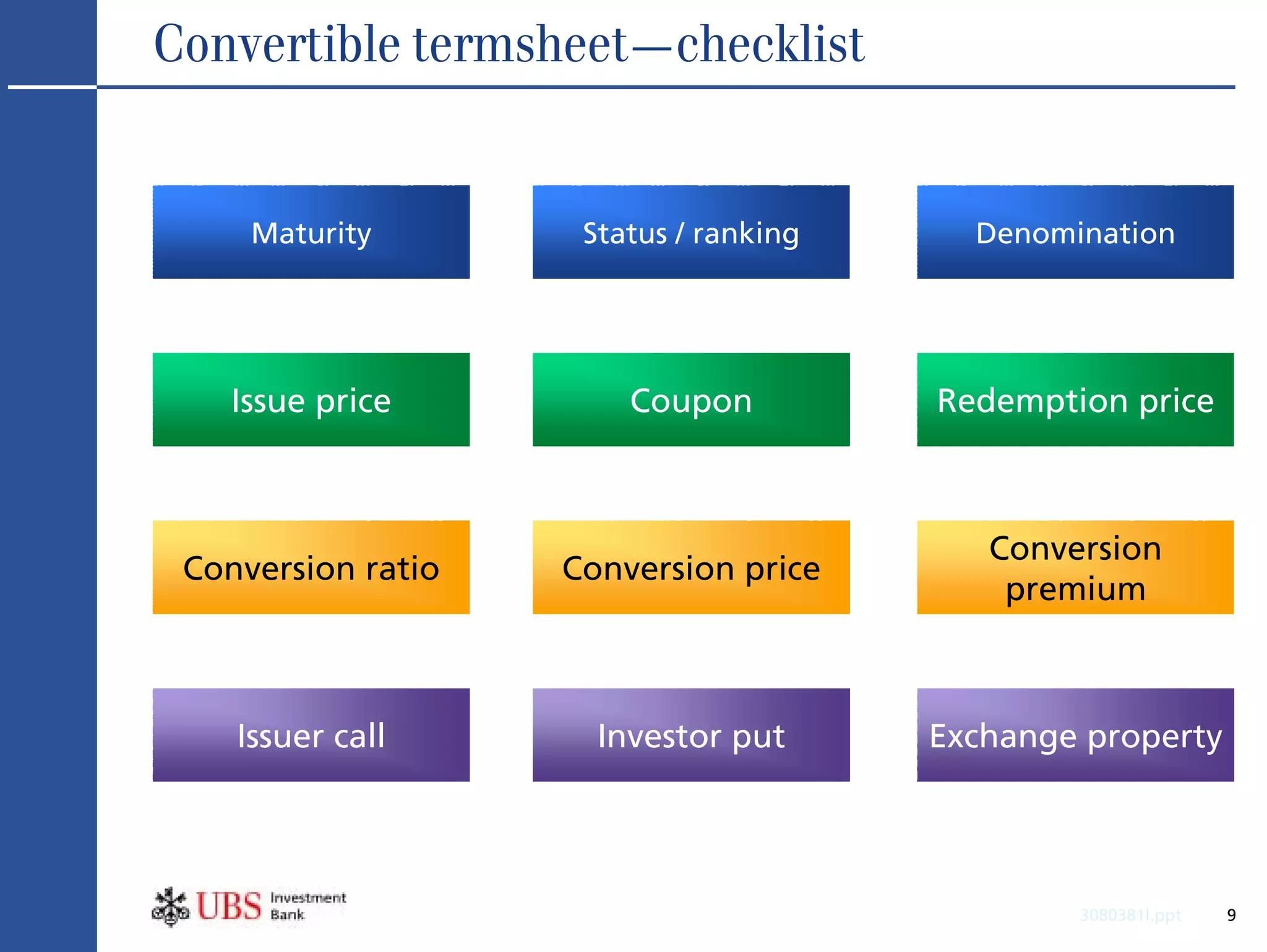 Convertible termsheet—checklist


     Maturity        Status / ranking     Denomination




    Issue price         Coupon          Redemption price



                                           Conversion
 Conversion ratio   Conversion price
                                            premium



    Issuer call       Investor put      Exchange property




                                                3080381l.ppt   9
 