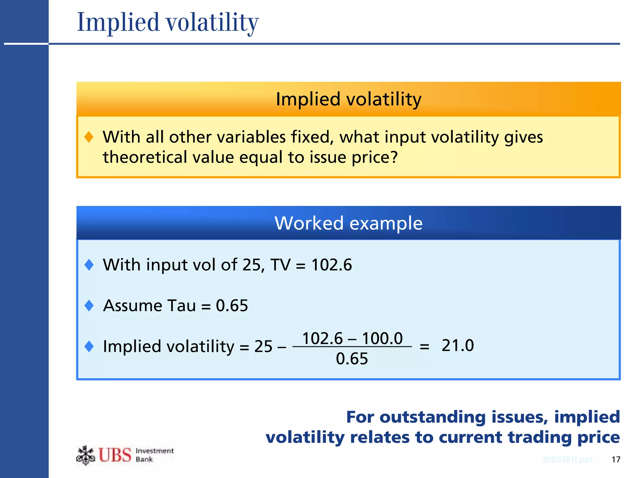 Implied volatility

                         Implied volatility
♦ With all other variables fixed, what input volatility gives
  theoretical value equal to issue price?


                         Worked example

♦ With input vol of 25, TV = 102.6
♦ Assume Tau = 0.65
♦ Implied volatility = 25 – 102.6 – 100.0 = 21.0
                                 0.65


                                  For outstanding issues, implied
                        volatility relates to current trading price
                                                            3080381l.ppt   17
 