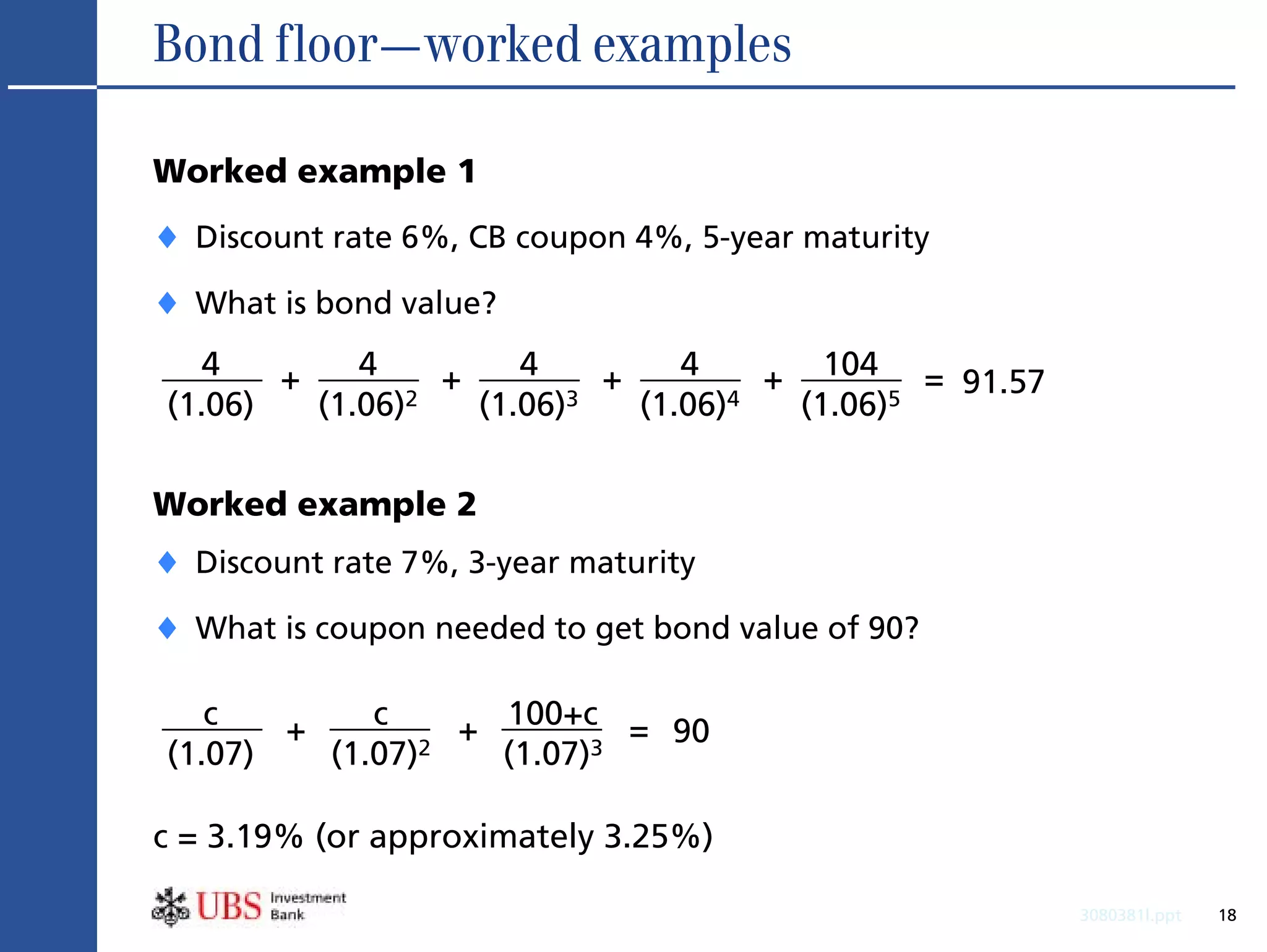 Bond floor—worked examples

Worked example 1
♦ Discount rate 6%, CB coupon 4%, 5-year maturity
♦ What is bond value?
   4   +    4    +    4    +    4    + 104 = 91.57
(1.06)   (1.06)2   (1.06)3   (1.06)4  (1.06)5

Worked example 2
♦ Discount rate 7%, 3-year maturity
♦ What is coupon needed to get bond value of 90?

   c   +    c    + 100+c = 90
(1.07)   (1.07)2   (1.07)3

c = 3.19% (or approximately 3.25%)

                                                     3080381l.ppt   18
 