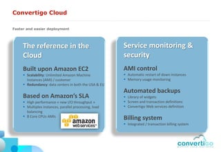Convertigo Cloud

Faster and easier deployment




     The reference in the                               Service monitoring &
     Cloud                                              security
     Built upon Amazon EC2                              AMI control
      Scalability: Unlimited Amazon Machine             Automatic restart of down instances
       Instances (AMI) / customer                        Memory usage monitoring
      Redundancy: data centers in both the USA & EU
                                                        Automated backups
     Based on Amazon’s SLA                               Library of widgets
      High performance « new I/O throughput »           Screen and transaction definitions
      Multiples instances, parallel processing, load    Convertigo Web services definition
       balancing
      8 Core CPUs AMIs
                                                        Billing system
                                                         Integrated / transaction billing system
 