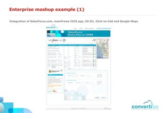 Enterprise mashup example (1)

Integration of SalesForce.com, mainframe CICS app, US Dir, Click-to-Call and Google Maps
 
