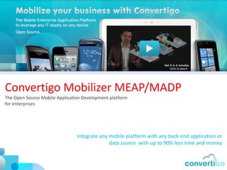 Convertigo Mobilizer MEAP/MADP
The Open Source Mobile Application Development platform
for enterprises




                                Integrate any mobile platform with any back end application or
                                              data source with up to 90% less time and money
 