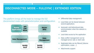 DISCONNECTED MODE – FULLSYNC | EXTENDED EDITION
 Differential data management
 Local Data can be shared between
several applications
 Automatic and bidirectional data
synchronization when the network is
available
 Local data access by the application
 Data conflict management can be
managed server side or client side
 Replicated data can be filtered (Volume
optimization, scope….)
 Attachments support
Mobile
Application
API
Call
Stack
Server
APIs
Data Management
Data
Management
NoSQL
local
NoSQL
Server
The platform brings all the tools to manage the full
disconnected mode with parameterization and configuration
 