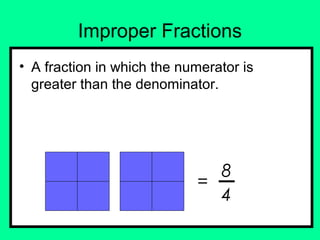 Improper Fractions 
• A fraction in which the numerator is 
greater than the denominator. 
= 84 
 