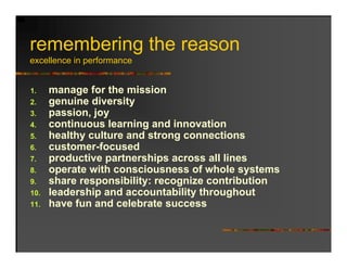 remembering the reason
excellence in performance


1.    manage for the mission
2.    genuine diversity
3.    p
      passion, joy
              ,j y
4.    continuous learning and innovation
5.    healthy culture and strong connections
6.    customer-focused
7.    productive partnerships across all lines
8.    operate with consciousness of whole systems
9.    share responsibility: recognize contribution
               p         y      g
10.   leadership and accountability throughout
11.   have fun and celebrate success
 
