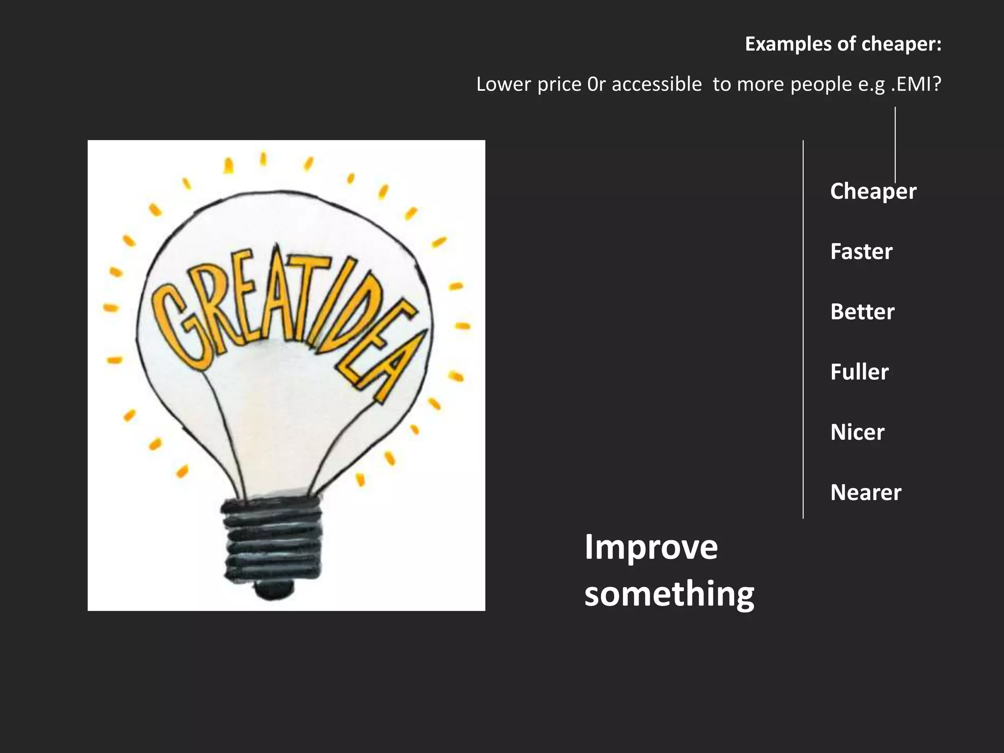 Examples of cheaper: 
Lower price 0r accessible to more people e.g .EMI? 
Cheaper 
Faster 
Better 
Fuller 
Nicer 
Nearer 
Improve 
something 
 