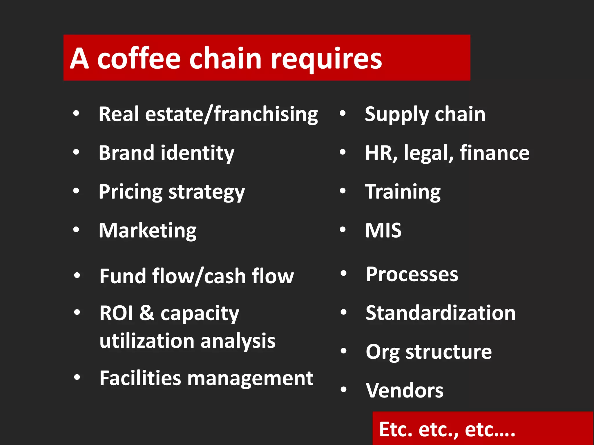 A coffee chain requires 
• Real estate/franchising 
• Brand identity 
• Pricing strategy 
• Marketing 
• Supply chain 
• HR, legal, finance 
• Training 
• MIS 
• Fund flow/cash flow 
• ROI & capacity 
utilization analysis 
• Facilities management 
• Processes 
• Standardization 
• Org structure 
• Vendors 
Etc. etc., etc…. 
 