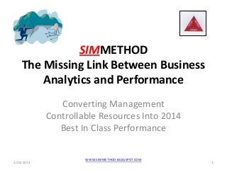 SIMMETHOD
The Missing Link Between Business
Analytics and Performance
Converting Management
Controllable Resources Into 2014
Best In Class Performance
5/26/2014 1
WWW.SIMMETHOD.BLOGSPOT.COM
 