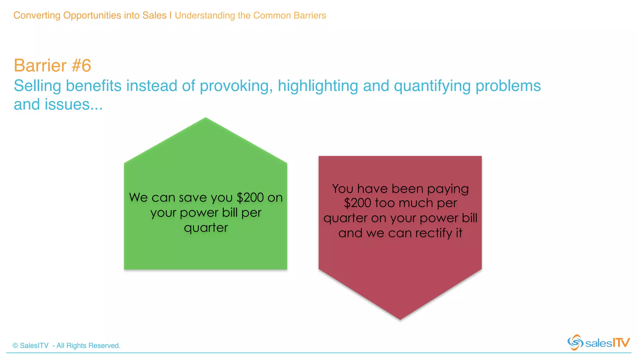 © SalesITV - All Rights Reserved. !
Converting Opportunities into Sales | Understanding the Common Barriers!
Barrier #6 !
Selling beneﬁts instead of provoking, highlighting and quantifying problems
and issues...!
We can save you $200 on
your power bill per
quarter
You have been paying
$200 too much per
quarter on your power bill
and we can rectify it
 