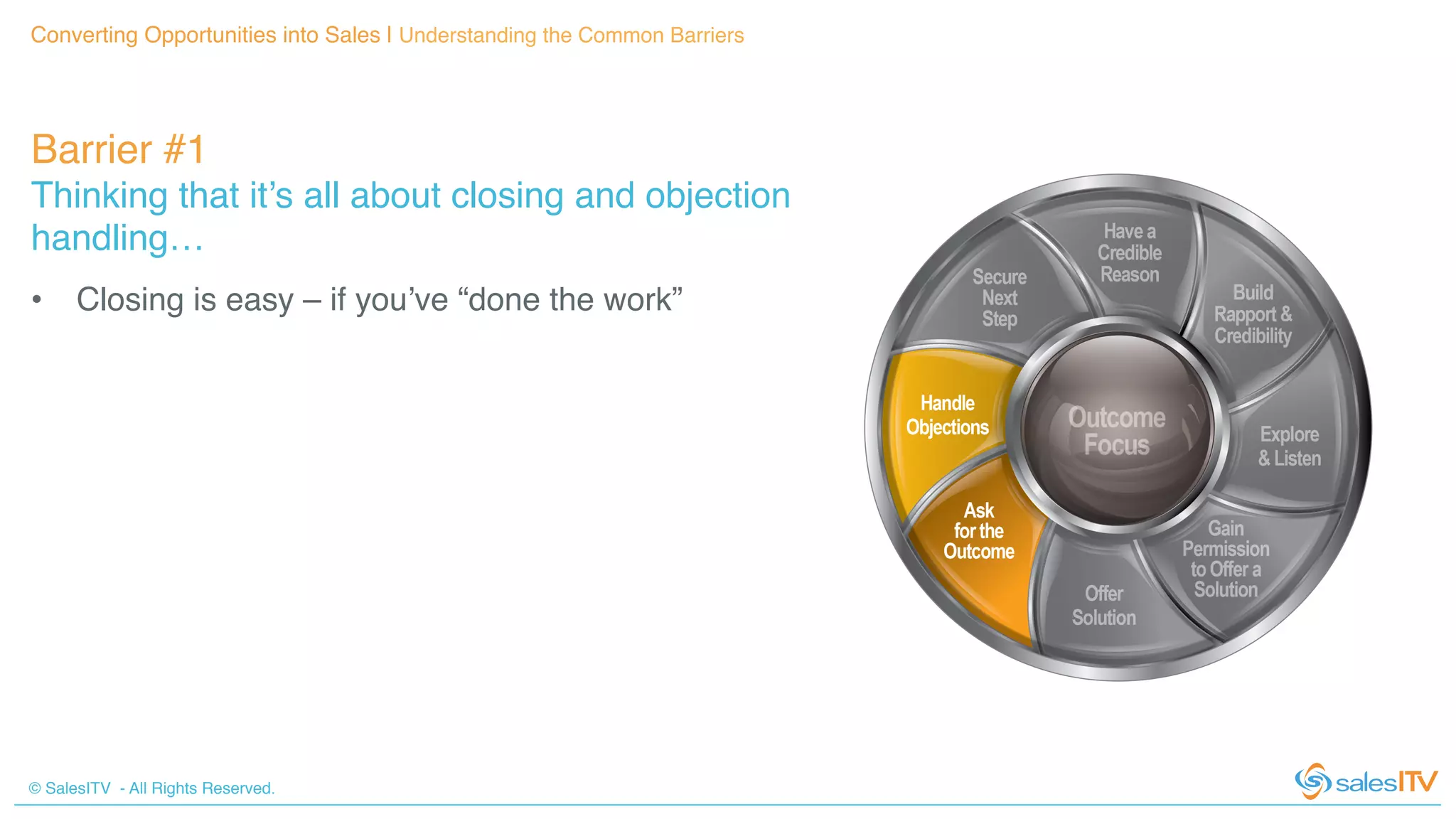 © SalesITV - All Rights Reserved. !
Barrier #1 !
Thinking that it’s all about closing and objection
handling…!
•  Closing is easy – if you’ve “done the work”!
!
Converting Opportunities into Sales | Understanding the Common Barriers!
 