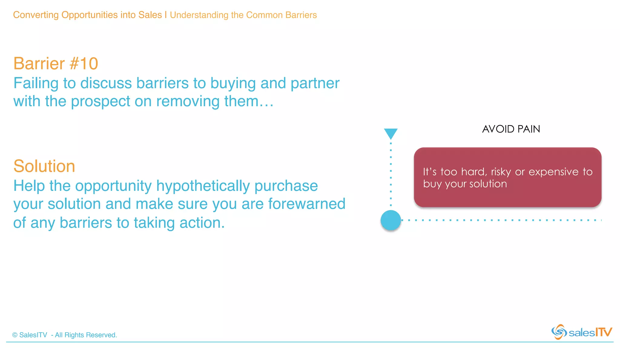 © SalesITV - All Rights Reserved. !
Converting Opportunities into Sales | Understanding the Common Barriers!
Barrier #10 !
Failing to discuss barriers to buying and partner
with the prospect on removing them…!
Solution!
Help the opportunity hypothetically purchase
your solution and make sure you are forewarned
of any barriers to taking action. !
It’s too hard, risky or expensive to
buy your solution
AVOID PAIN
 