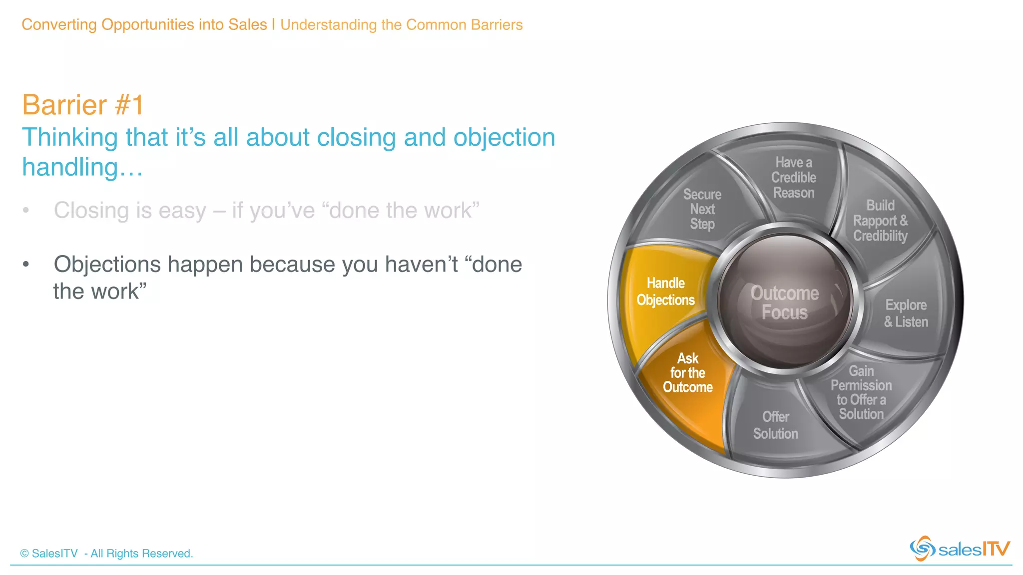 © SalesITV - All Rights Reserved. !
Barrier #1 !
Thinking that it’s all about closing and objection
handling…!
Converting Opportunities into Sales | Understanding the Common Barriers!
•  Closing is easy – if you’ve “done the work”!
•  Objections happen because you haven’t “done
the work”!
 