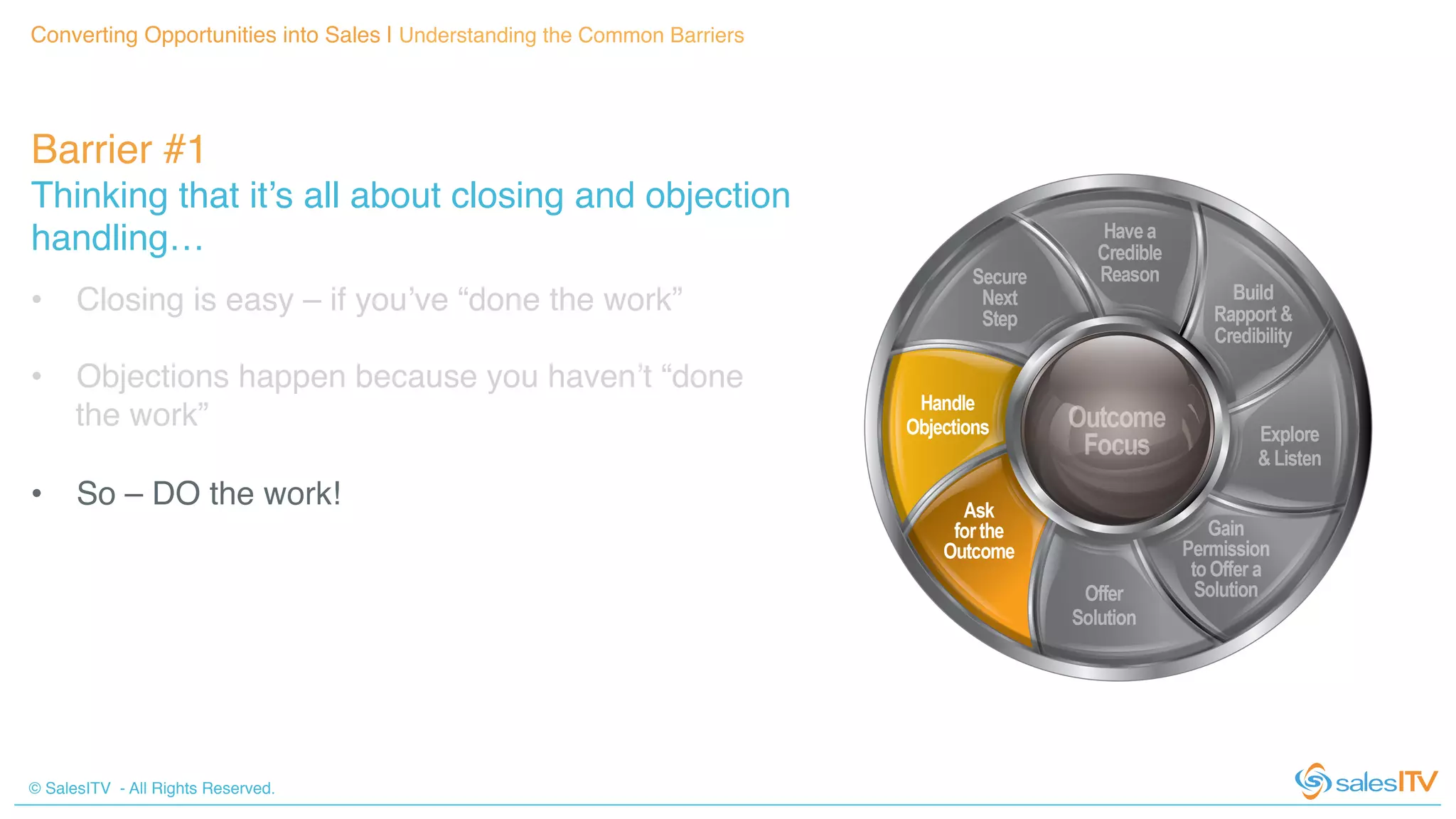 © SalesITV - All Rights Reserved. !
Barrier #1 !
Thinking that it’s all about closing and objection
handling…!
Converting Opportunities into Sales | Understanding the Common Barriers!
•  Closing is easy – if you’ve “done the work”!
•  Objections happen because you haven’t “done
the work”!
•  So – DO the work!!
 