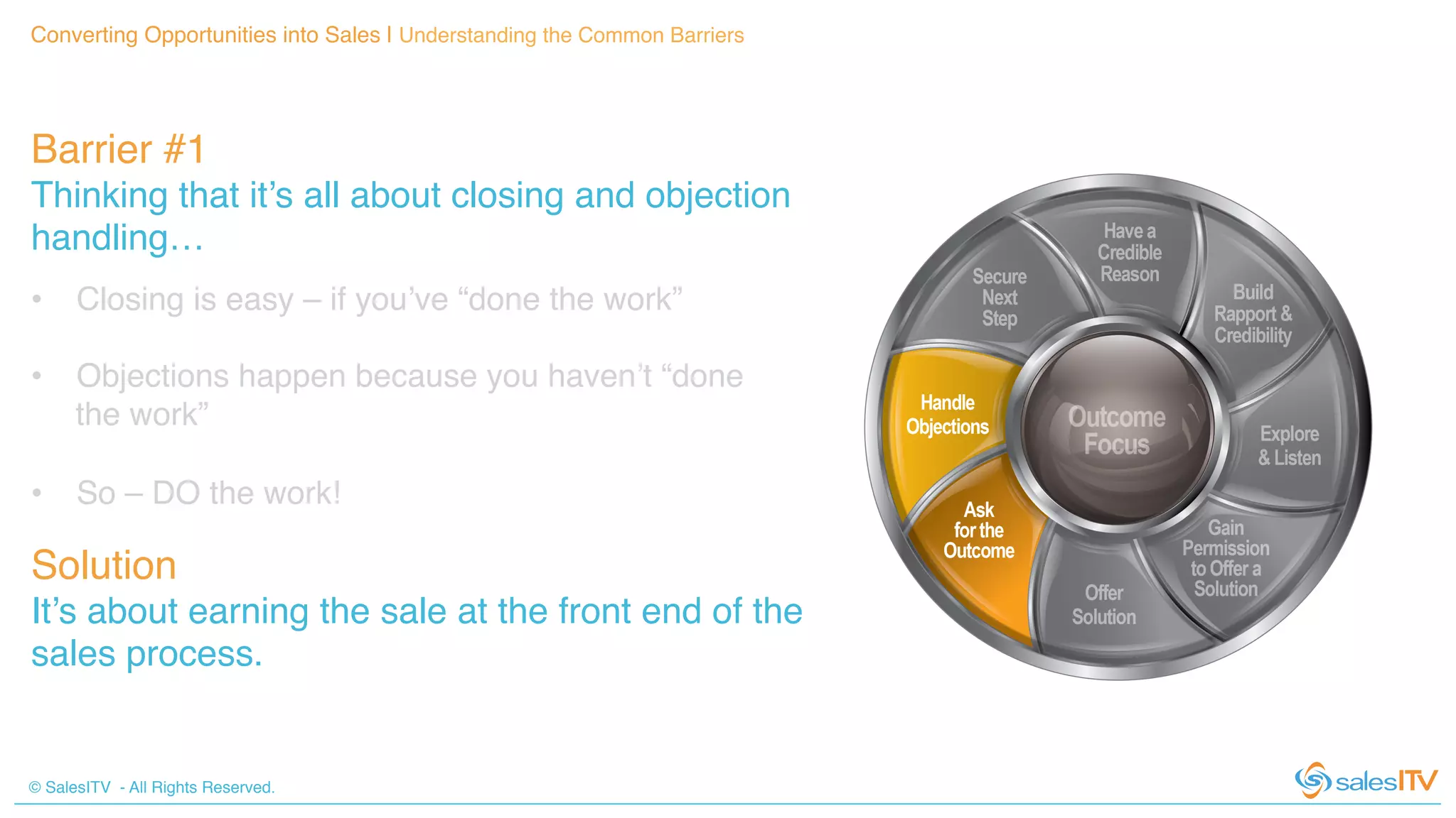 © SalesITV - All Rights Reserved. !
Barrier #1 !
Thinking that it’s all about closing and objection
handling…!
Converting Opportunities into Sales | Understanding the Common Barriers!
Solution!
It’s about earning the sale at the front end of the
sales process.!
•  Closing is easy – if you’ve “done the work”!
•  Objections happen because you haven’t “done
the work”!
•  So – DO the work!!
 