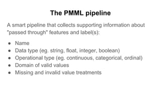 The PMML pipeline
A smart pipeline that collects supporting information about
"passed through" features and label(s):
● Name
● Data type (eg. string, float, integer, boolean)
● Operational type (eg. continuous, categorical, ordinal)
● Domain of valid values
● Missing and invalid value treatments
 