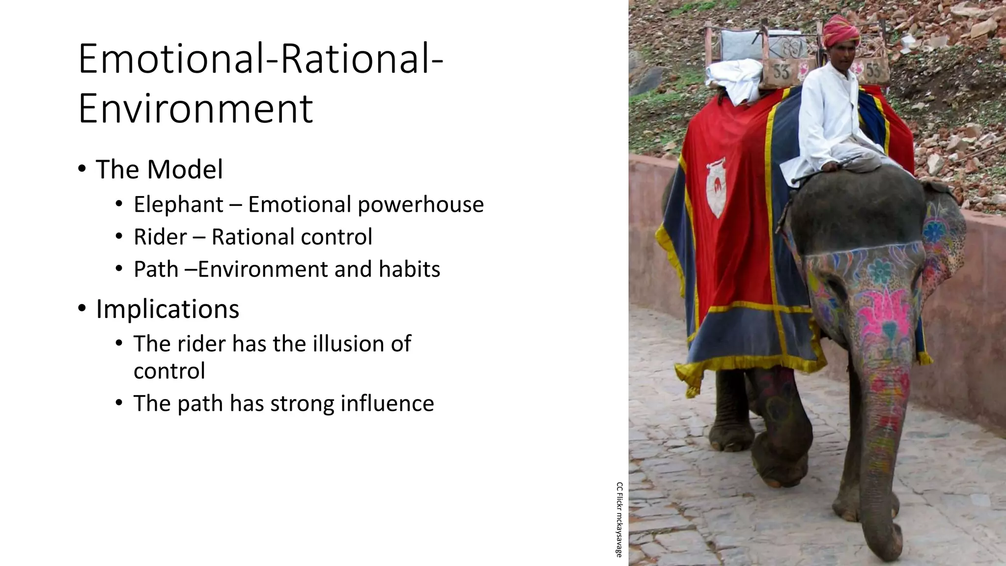 Emotional-Rational-
Environment
• The Model
• Elephant – Emotional powerhouse
• Rider – Rational control
• Path –Environment and habits
• Implications
• The rider has the illusion of
control
• The path has strong influence
CCFlickrmckaysavage
 
