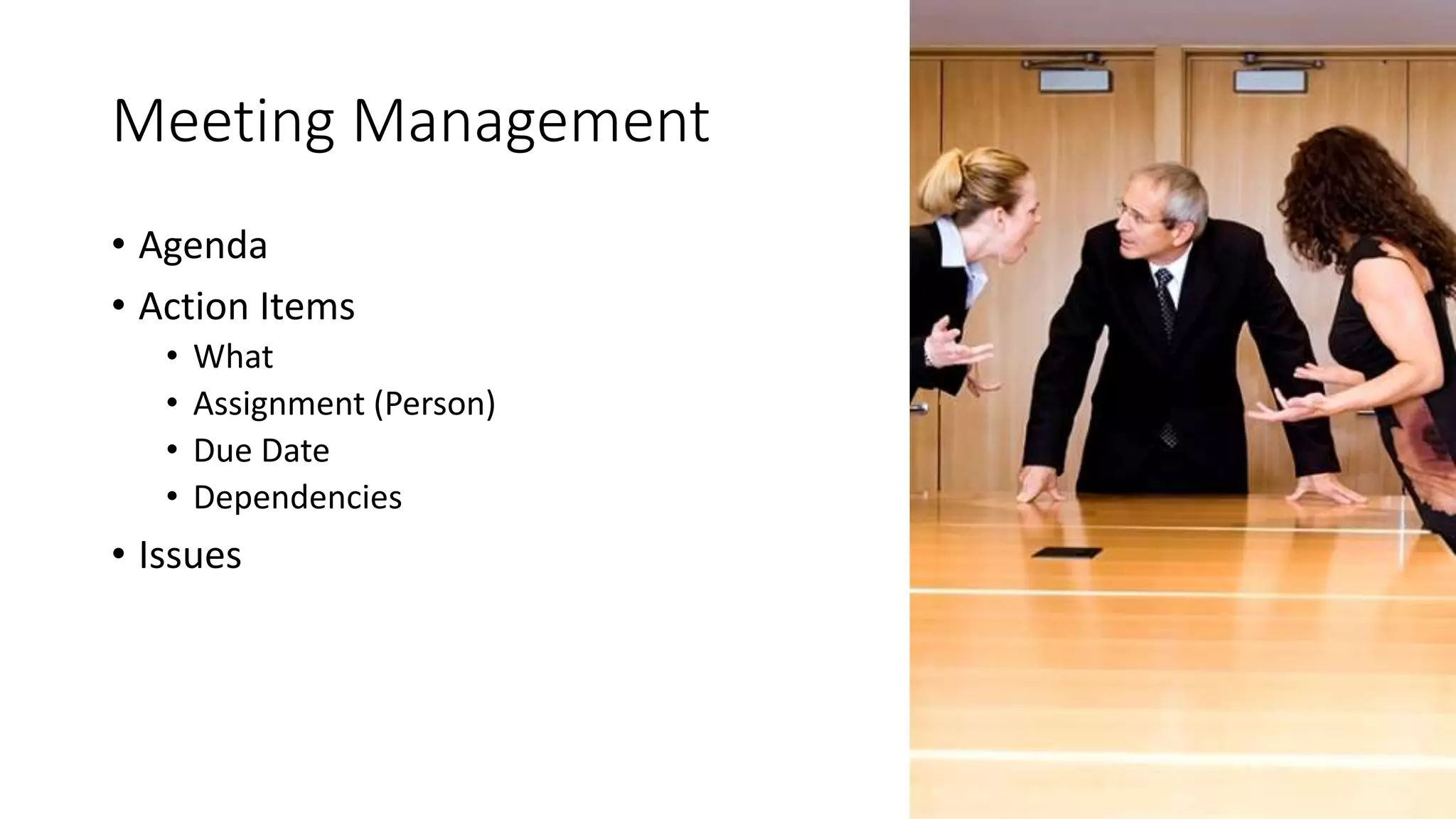 Meeting Management
• Agenda
• Action Items
• What
• Assignment (Person)
• Due Date
• Dependencies
• Issues
 