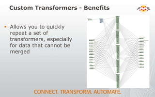 Custom Transformers - Benefits
 Allows you to quickly
repeat a set of
transformers, especially
for data that cannot be
merged
 