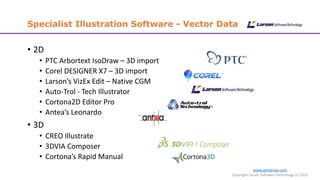 www.cgmlarson.com
Copyright Larson Software Technology (c) 2015
Specialist Illustration Software - Vector Data
• 2D
• PTC Arbortext IsoDraw – 3D import
• Corel DESIGNER X7 – 3D import
• Larson’s VizEx Edit – Native CGM
• Auto-Trol - Tech Illustrator
• Cortona2D Editor Pro
• Antea’s Leonardo
• 3D
• CREO Illustrate
• 3DVIA Composer
• Cortona’s Rapid Manual
 