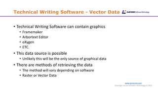 www.cgmlarson.com
Copyright Larson Software Technology (c) 2015
Technical Writing Software - Vector Data
• Technical Writing Software can contain graphics
• Framemaker
• Arbortext Editor
• oXygen
• ETC.
• This data source is possible
• Unlikely this will be the only source of graphical data
• There are methods of retrieving the data
• The method will vary depending on software
• Raster or Vector Data
 