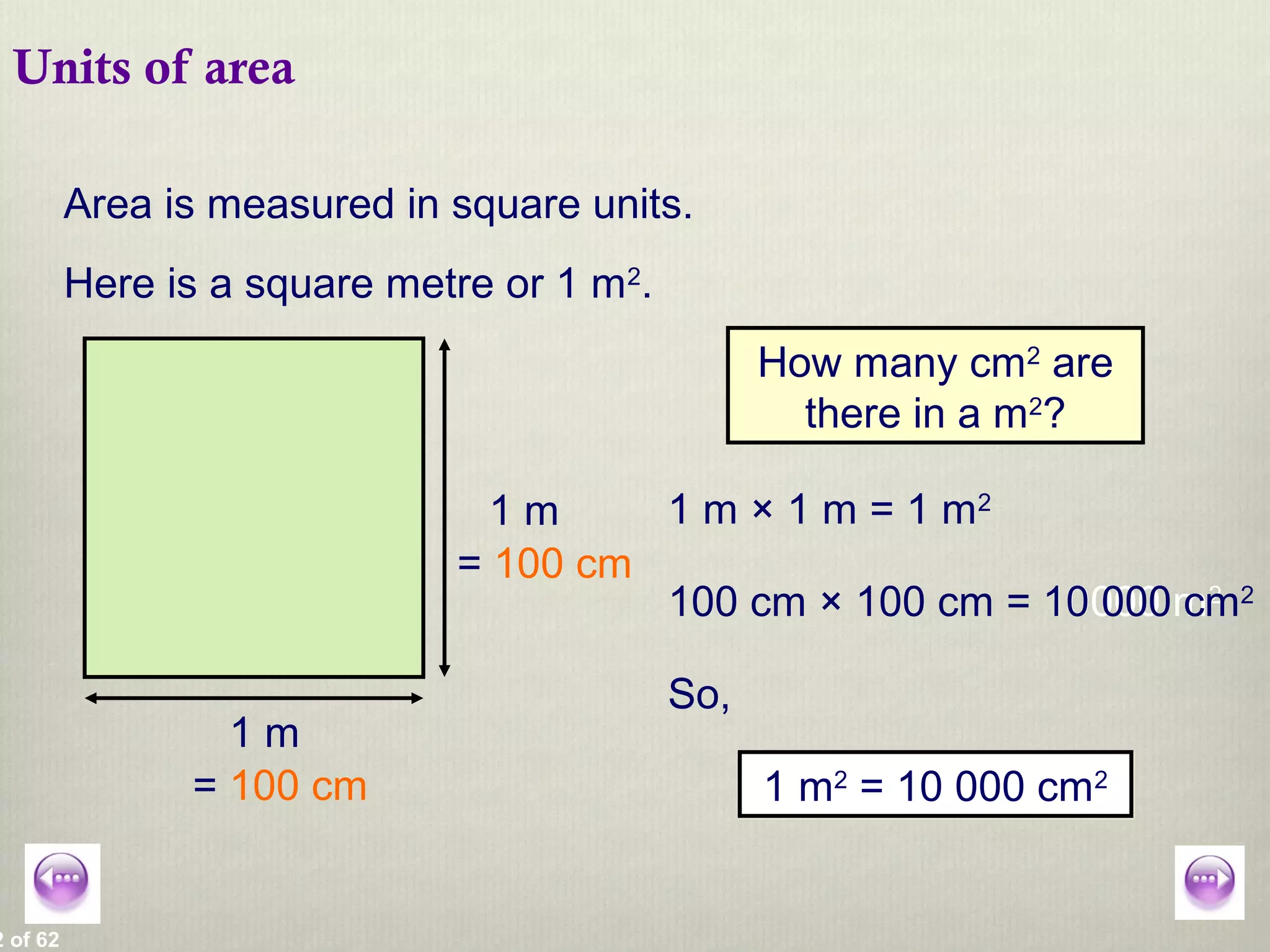 2 of 62
Units of area
How many cm2
are
there in a m2
?
= 100 cm
= 100 cm
1 m × 1 m = 1 m2
100 cm × 100 cm = 10000 m2
So,
1 m2
= 10 000 cm21 m2
= 10 000 cm2
1 m
1 m
Area is measured in square units.
Here is a square metre or 1 m2
.
10 000 cm2
 