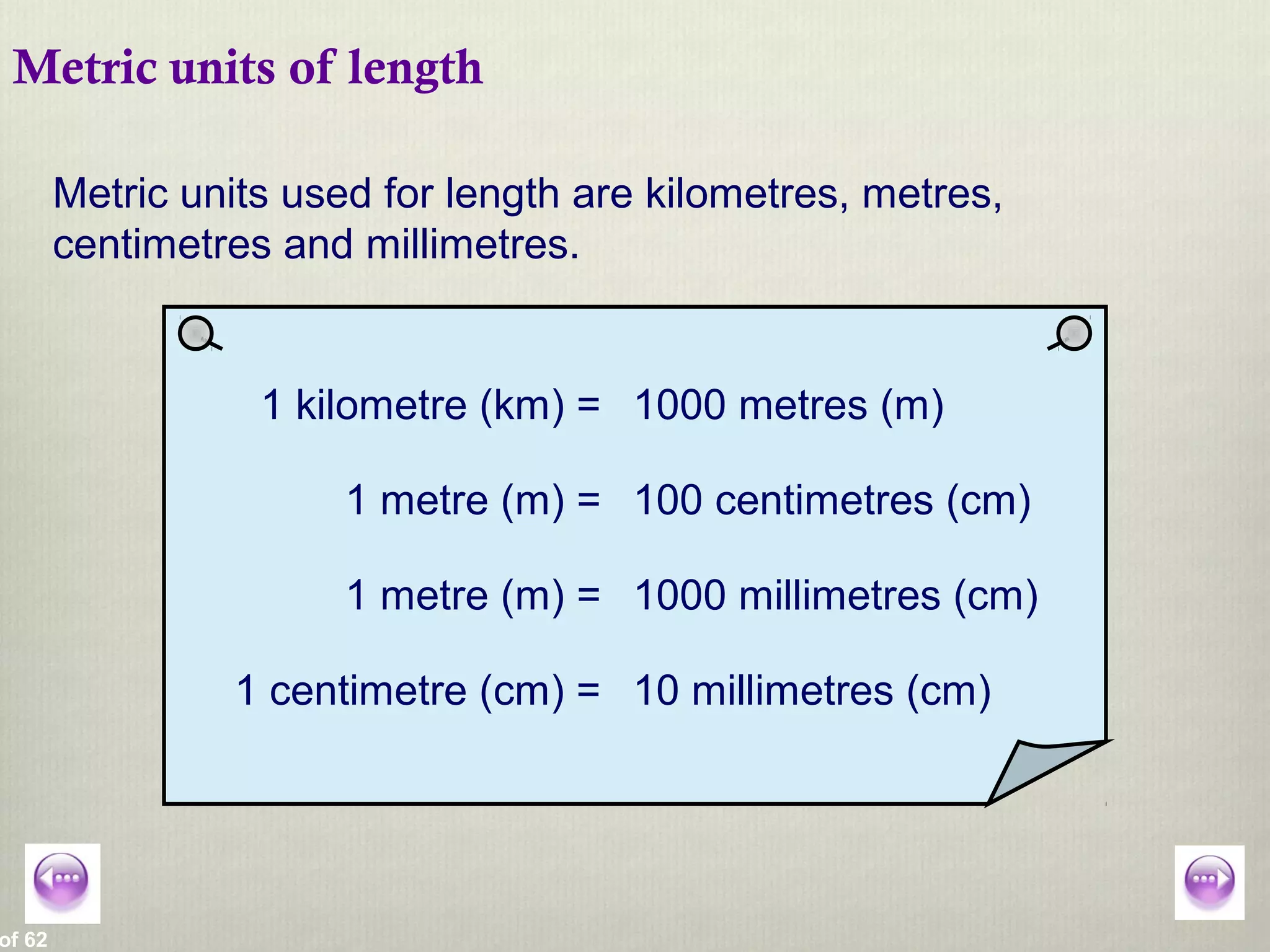 of 62
Metric units of length
Metric units used for length are kilometres, metres,
centimetres and millimetres.
1 kilometre (km) = 1000 metres (m)
1 metre (m) = 100 centimetres (cm)
1 metre (m) = 1000 millimetres (cm)
1 centimetre (cm) = 10 millimetres (cm)
 
