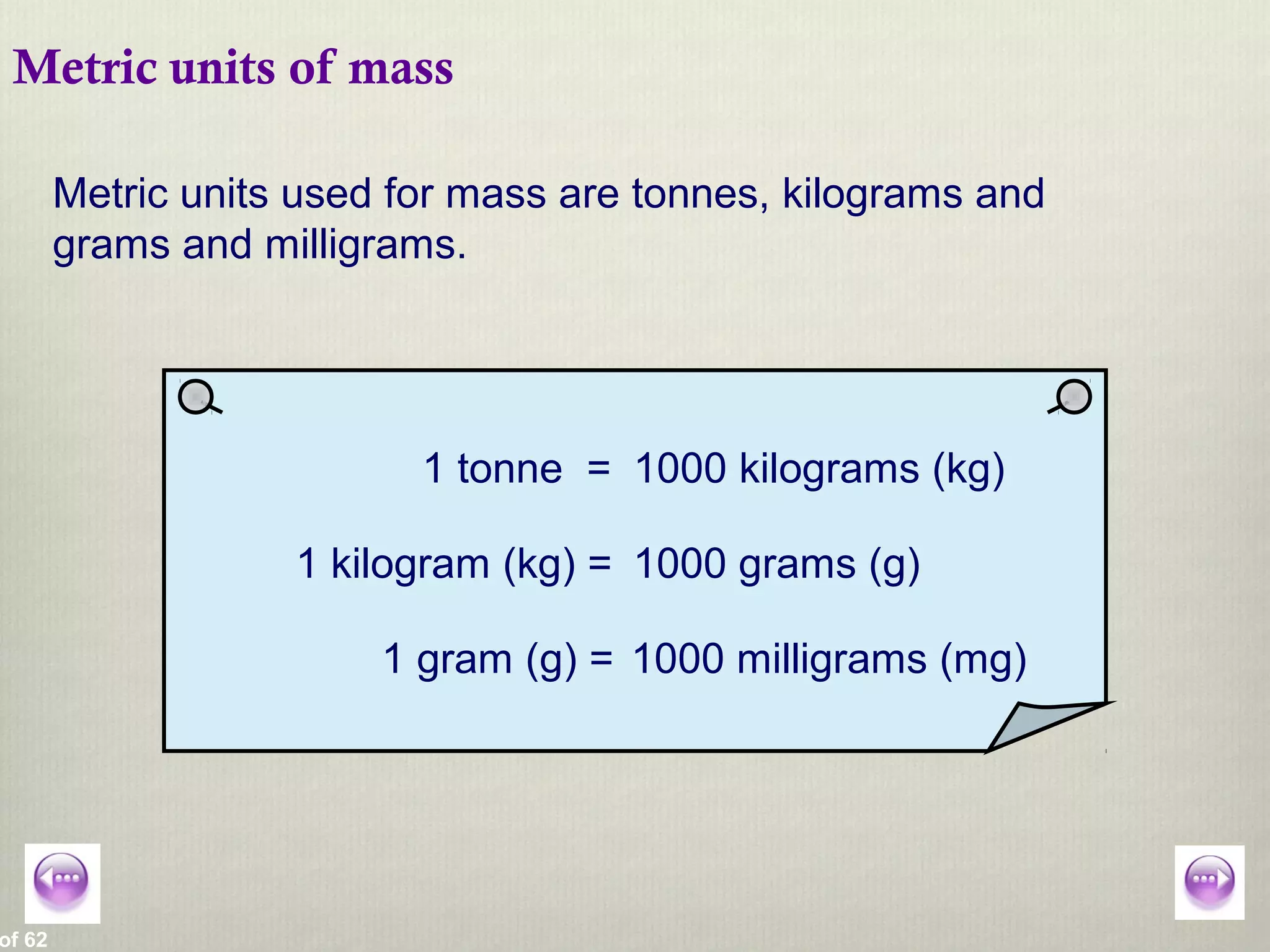 of 62
Metric units of mass
Metric units used for mass are tonnes, kilograms and
grams and milligrams.
1 tonne = 1000 kilograms (kg)
1 kilogram (kg) = 1000 grams (g)
1 gram (g) = 1000 milligrams (mg)
 