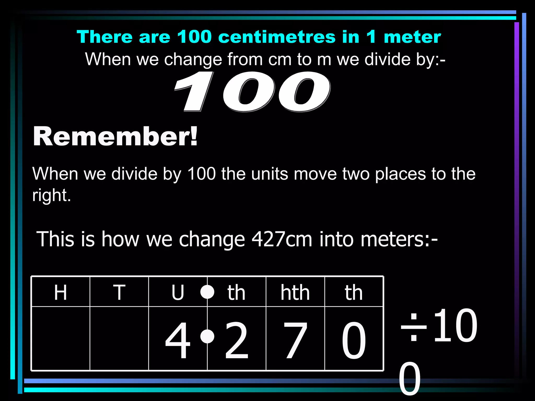 There are 100 centimetres in 1 meter When we change from cm to m we divide by:- 100 Remember! When we divide by 100 the units move two places to the right. ÷100 This is how we change 427cm into meters:- H T U th hth th 4 2 7 0 