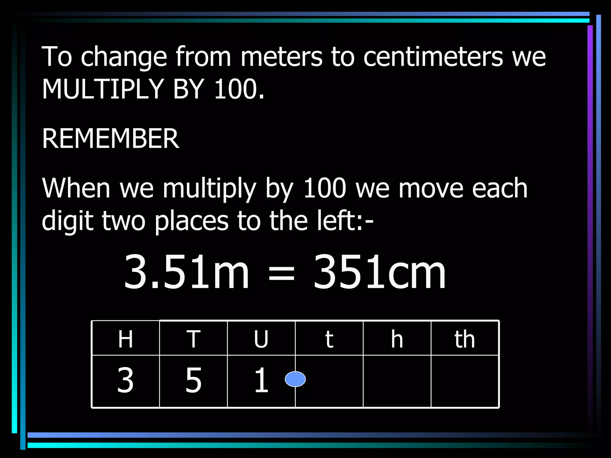 To change from meters to centimeters we MULTIPLY BY 100. REMEMBER When we multiply by 100 we move each digit two places to the left:- 3.51m = 351cm H T U t h th 3 5 1 