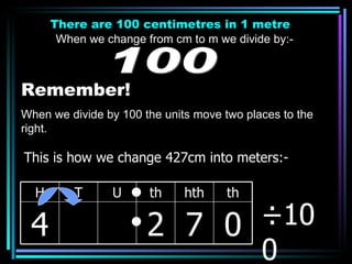 There are 100 centimetres in 1 metre When we change from cm to m we divide by:- 100 Remember! When we divide by 100 the units move two places to the right. ÷100 This is how we change 427cm into meters:- H T U th hth th 4 2 7 0 