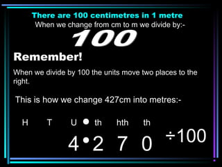 There are 100 centimetres in 1 metre
When we change from cm to m we divide by:-
Remember!
When we divide by 100 the units move two places to the
right.
H T U th hth th
4 2 7 0 ÷100
This is how we change 427cm into metres:-
 